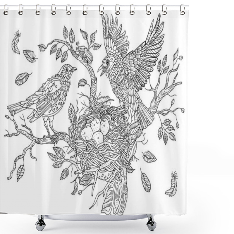 Personality  Birds Nests On The Branches Of A Tree. Leaves, Feathers, Wings, Eggs. Environment, Nature, Pring. Hand Drawn Illustration. Cute Anti Stress Coloring Book Page, Postcard. Shower Curtains