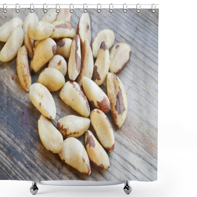 Personality  Bunch Of Brazil Nuts On Wooden Table Shower Curtains