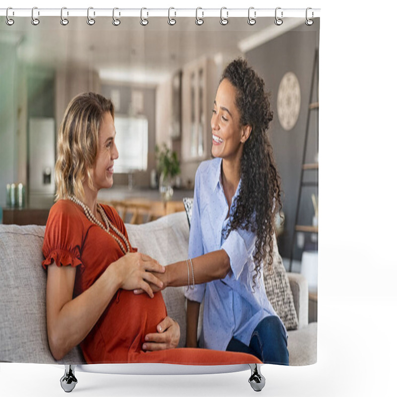 Personality  Cheerful African American Friend Feeling Belly Bump Of Pregnant Woman. Happy Girl With Hands On Expecting Mother's Stomach Feeling Baby Movement. Young Woman Talking To Friend And Touching Her Tummy While Sitting On Couch At Home. Shower Curtains