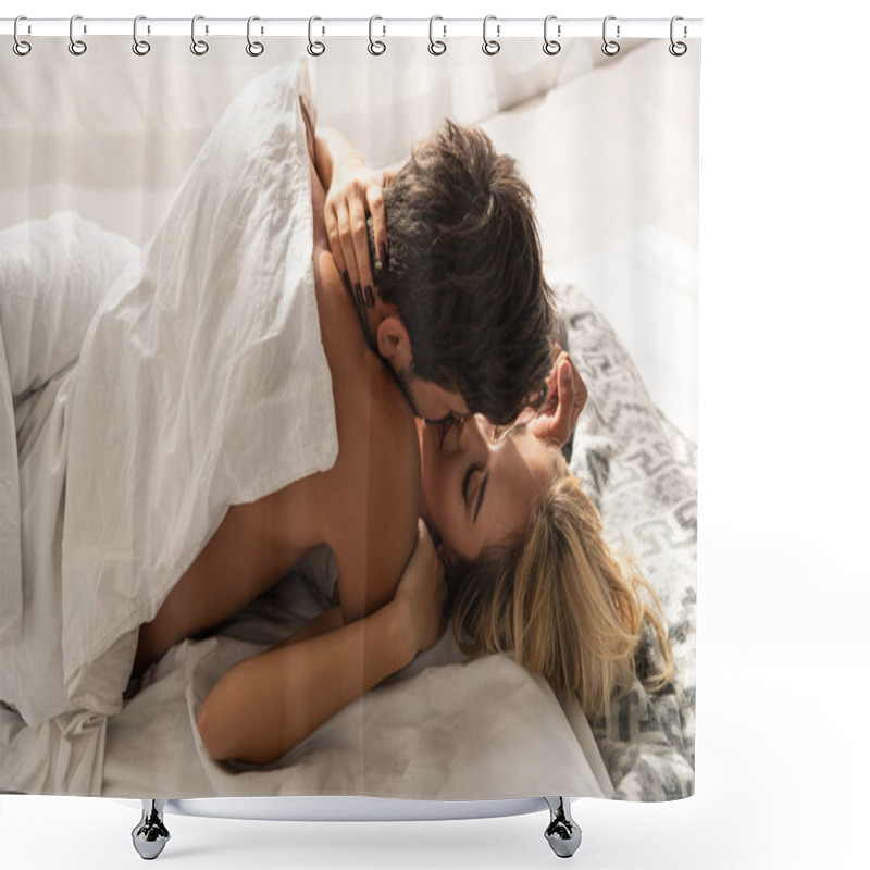 Personality  Beautiful Seductive Couple Embracing And Kissing In Bed In The Morning  Shower Curtains