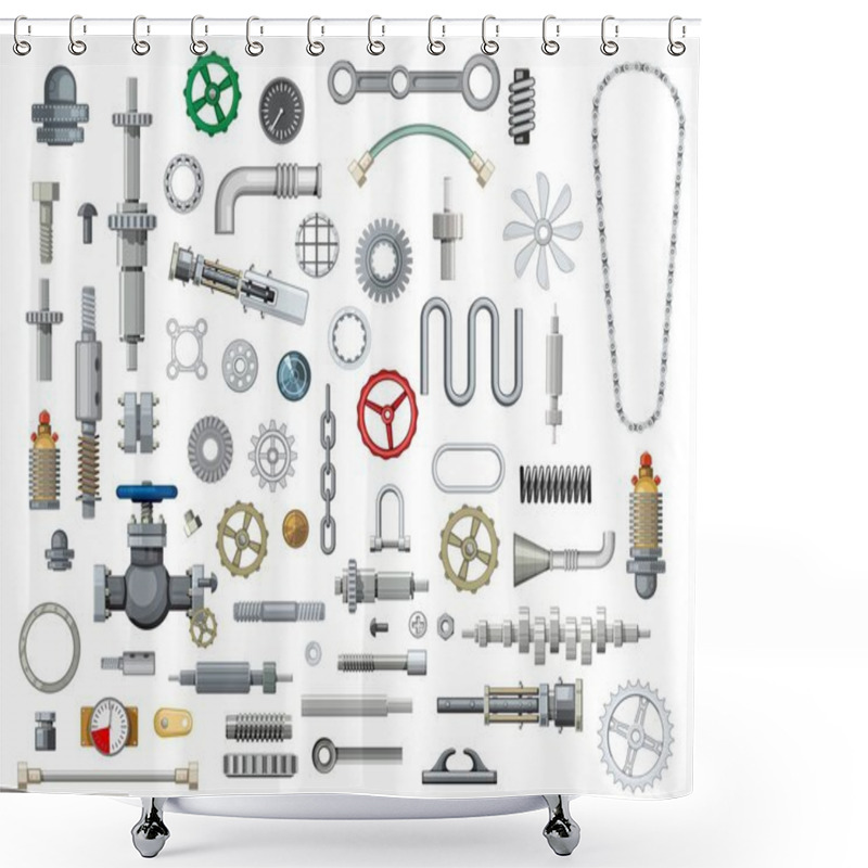 Personality  Ships And Boats Mechanisms Spare Parts Cartoon Vector. Metal Gears, Steel Springs And Gaskets, Pipe, Hose And Bearing, Motor Chain, Camshaft And Piston Pin, Pressure Gauge, Emergency And Gate Valve Shower Curtains