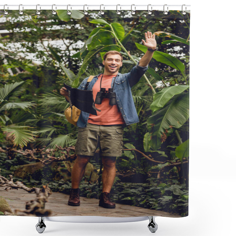 Personality  Handsome Happy Traveler With Binoculars And Backpack Holding Map And Waving Hand In Green Tropical Forest Shower Curtains