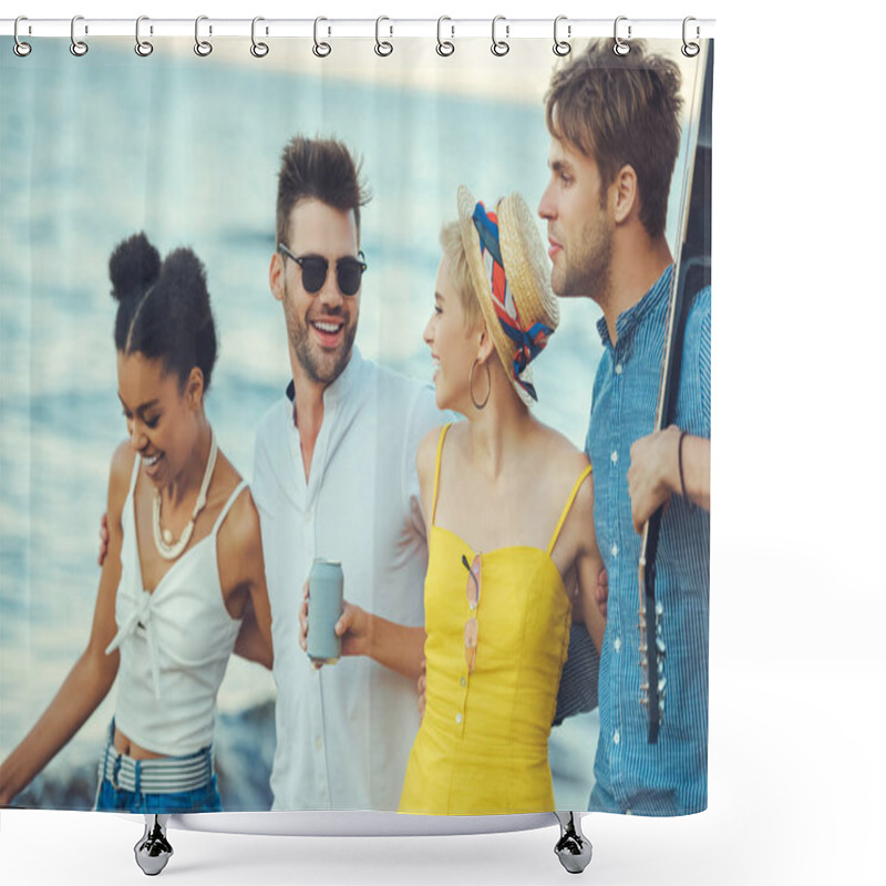 Personality  Multiethnic Group Of Friends With Acoustic Guitar Walking Together By Sea Shower Curtains