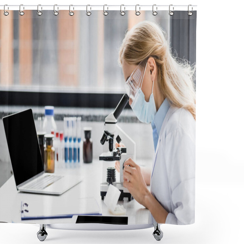 Personality  Scientist In Medical Mask And Goggles Looking Through Microscope Near Gadgets With Blank Screen  Shower Curtains