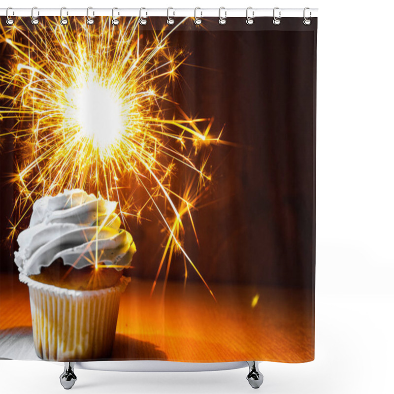 Personality  Yummy Cupcake With Buttercream And  Sparkler On Wooden Table Against Dark Background With Copy Space. Shower Curtains