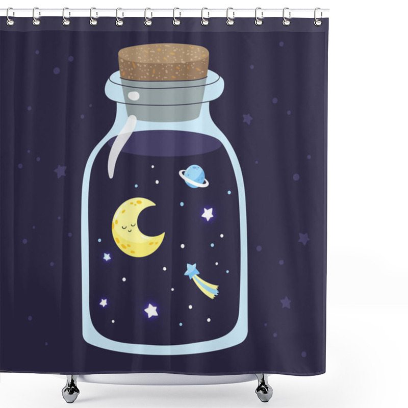 Personality  Cartoon Crescent With Stars In A Magic Glass Jar. Vector Illustration. Shower Curtains