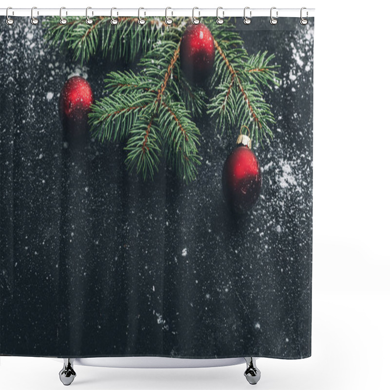 Personality  Fir Branch With Red Baubles On Black Background. Merry Christmas Concept. Shower Curtains