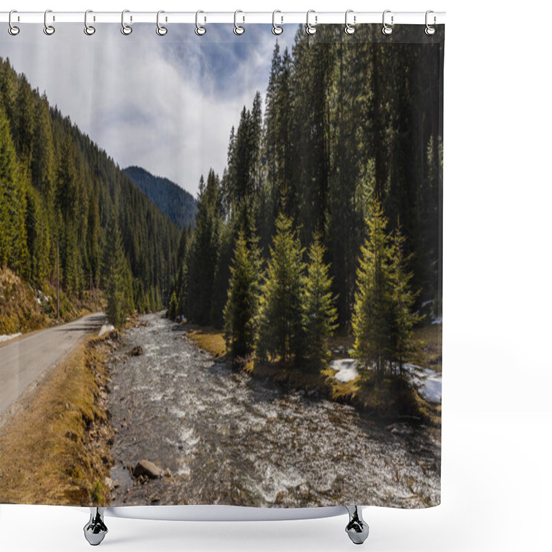 Personality  Empty Road Near Mountain River And Spruce Forest  Shower Curtains