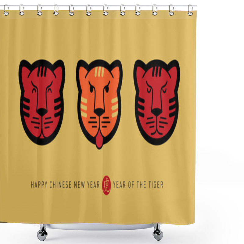 Personality  Happy New Year, The Year Of The Tiger. Chinese New Year 2022, Poster With Hieroglyph (Translation: Year Of The Tiger). Vector Illustration With A Stylized Relaxed Tiger Faces. Three Cats. Shower Curtains