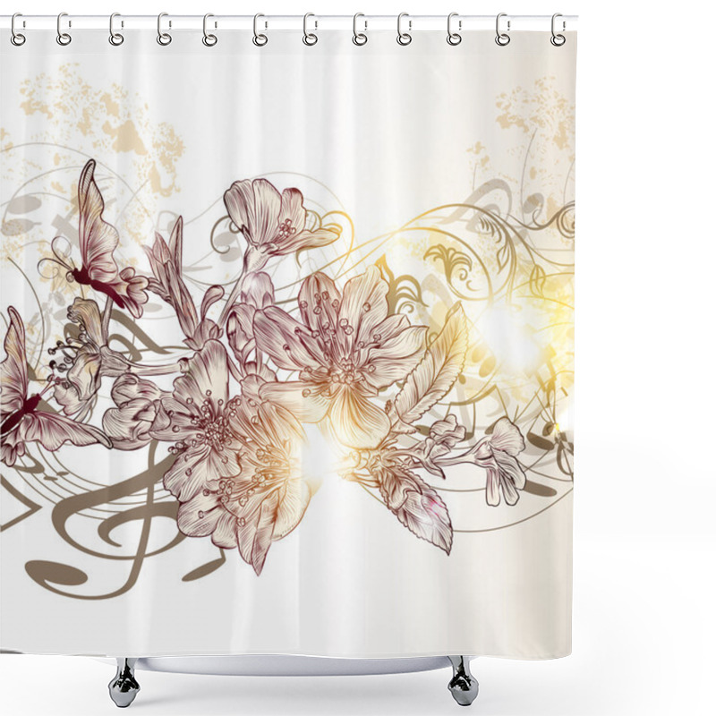 Personality  Music Vector Background With Flowers And Notes Shower Curtains