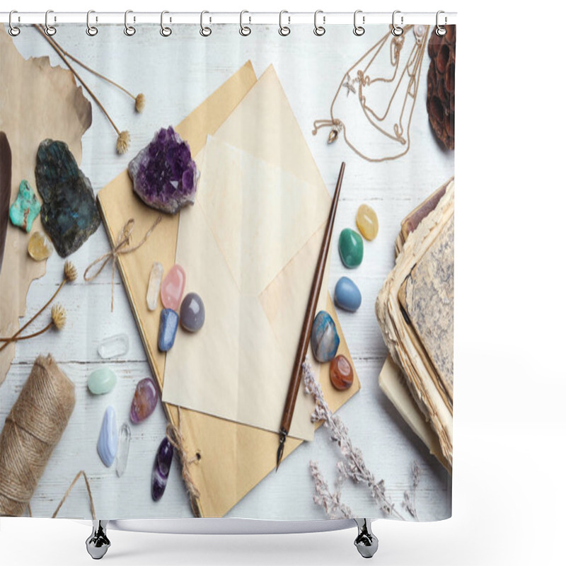 Personality  Flat Lay Composition With Different Gemstones On White Wooden Background Shower Curtains