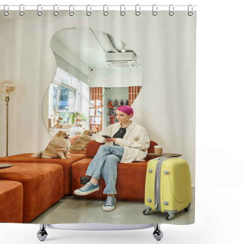 Personality  Purple-haired Woman With Smartphone Near Pomeranian Spitz And Suitcase In Cozy Lounge Of Pet Hotel Shower Curtains