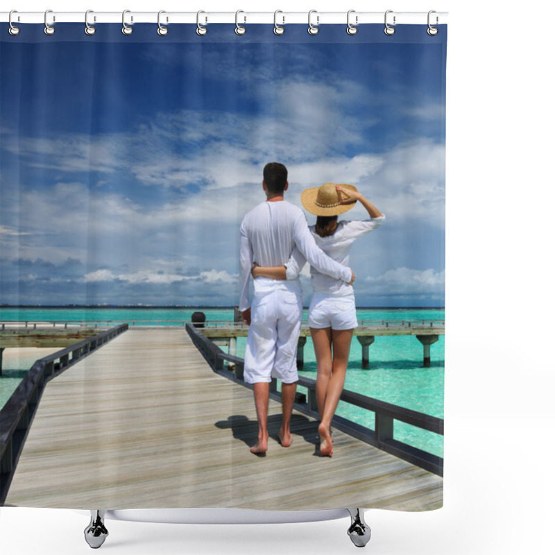 Personality  Couple On A Beach Jetty At Maldives Shower Curtains