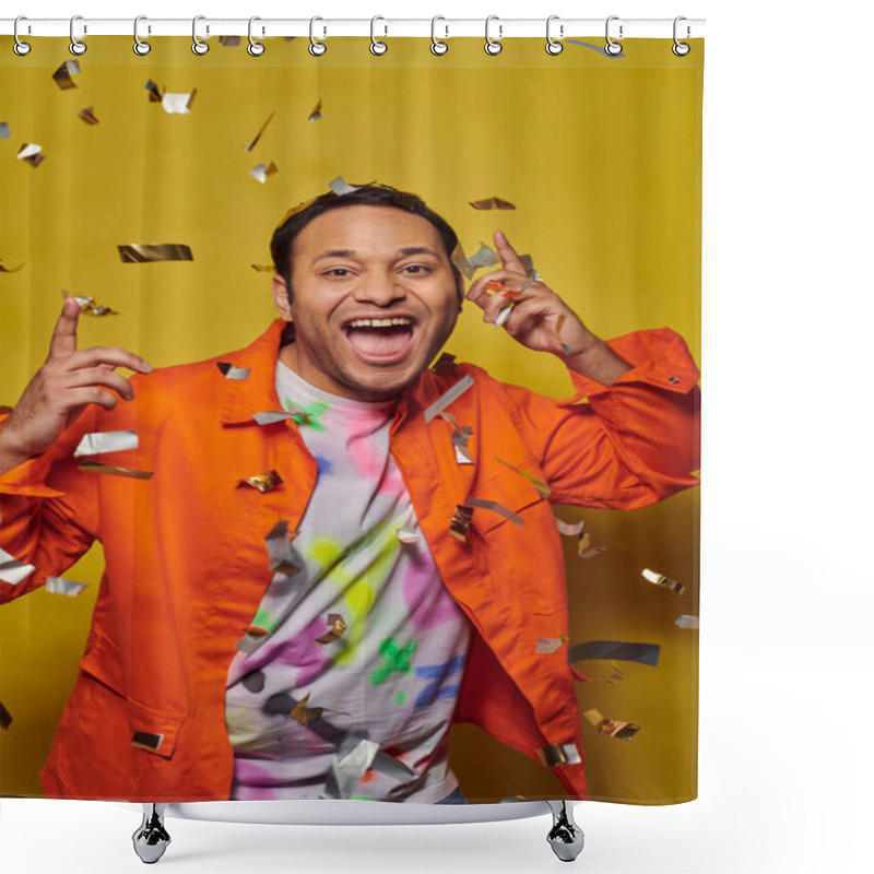 Personality  Excited Indian Man In Orange Jacket Smiling Near Falling Confetti On Yellow Backdrop, Party Concept Shower Curtains