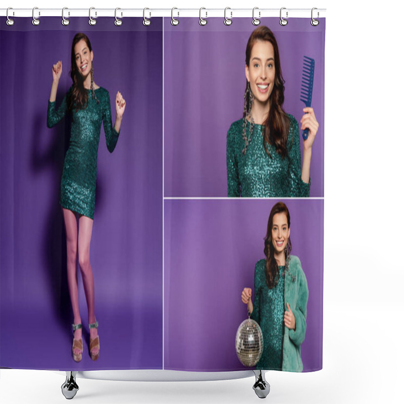 Personality  Collage Of Happy Girl Holding Comb And Disco Ball, Dancing And Showing Thumb Up On Purple  Shower Curtains