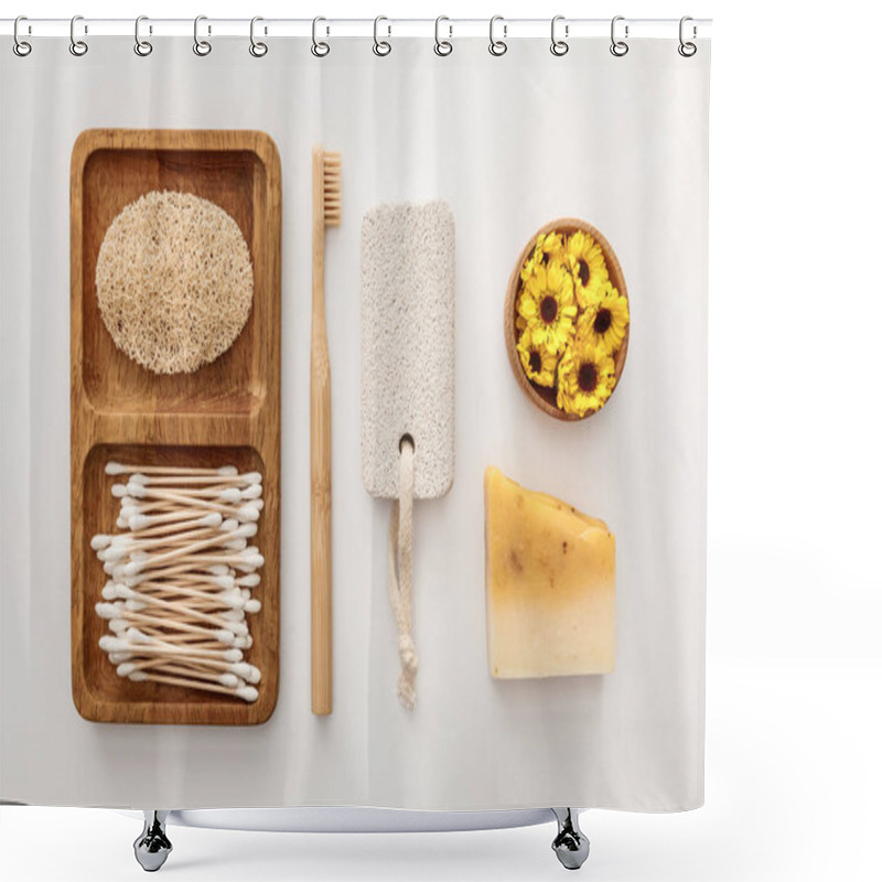 Personality  Flat Lay With Wooden Dish With Cotton Swabs And Loofah Near Toothbrush, Piece Of Soap, Pumice Stone And Cup Of Flowers On White Background Shower Curtains