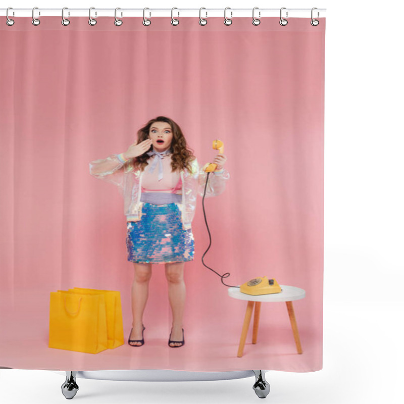 Personality  Shocked Woman Posing Near Shopping Bags, Standing Like A Doll And Holding Retro Handset On Pink Background, Concept Photography, Doll Pose, Stylish Outfit, Housewife Making Phone Call  Shower Curtains