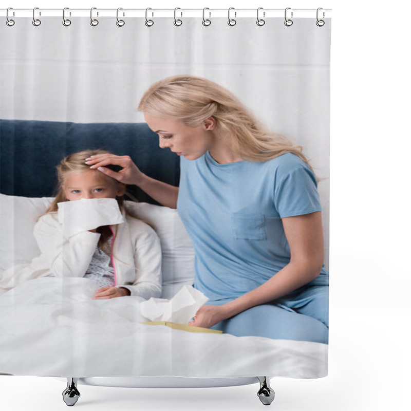 Personality  Young Mother Taking Care Of Her Daughter While She Blowing Nose Shower Curtains