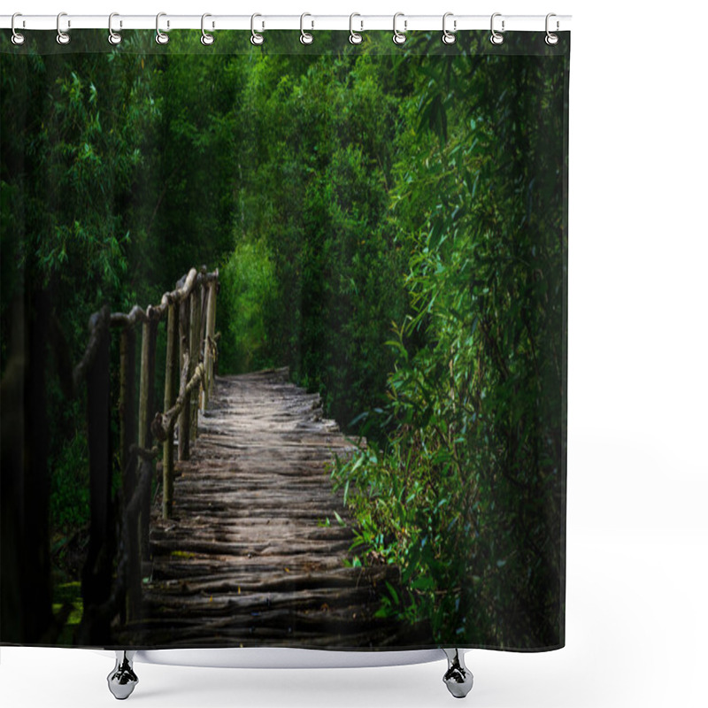 Personality  Old Wooden Bridge Over The River In The Forest. Shower Curtains