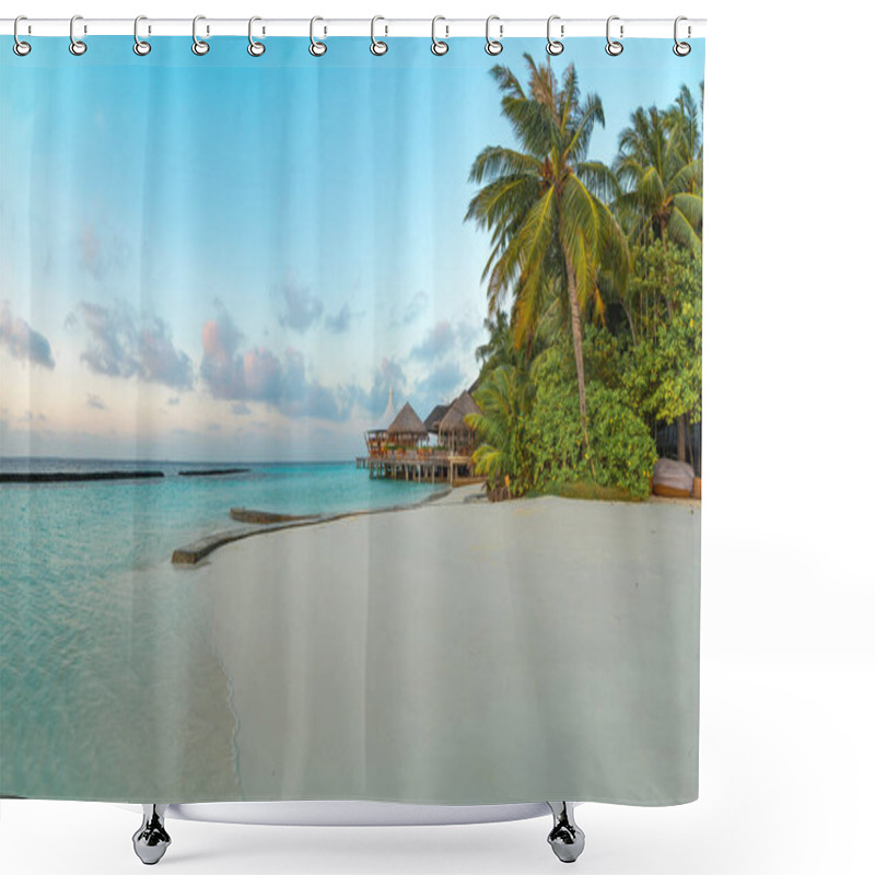 Personality  Amazing Wide Panorama Of Tropical Maldives Island. Exotic Beach Background With Blue Lagoon, Turquoise Water And Palm Trees During Beautiful Sunrise. Vacation, Holiday And Romantic Honeymoon Travel Destination. Shower Curtains