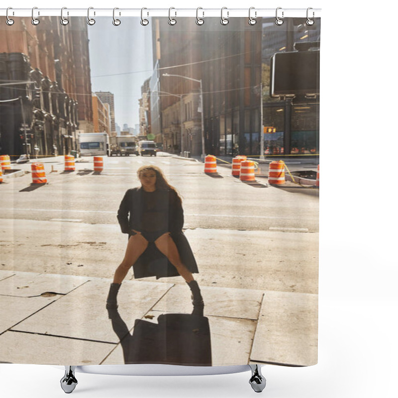 Personality  A Young Woman Dances On A New York Street, Her Silhouette Framed By The Citys Towering Buildings. Shower Curtains