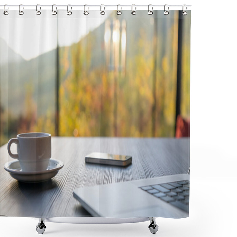 Personality  Business Travel Morning Composition With Computer Coffee And Telephone Shower Curtains