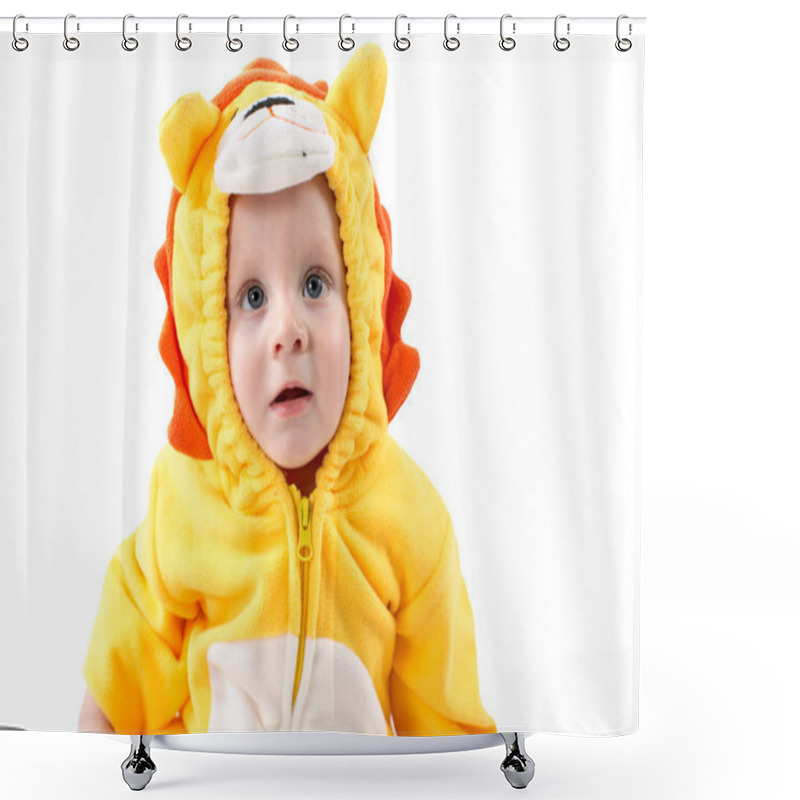 Personality  Child Boy,dressed In Lion Carnival Suit, Isolated On White Background. Baby Zodiac - Sign Leo. The Concept Of Childhood And Holiday Shower Curtains