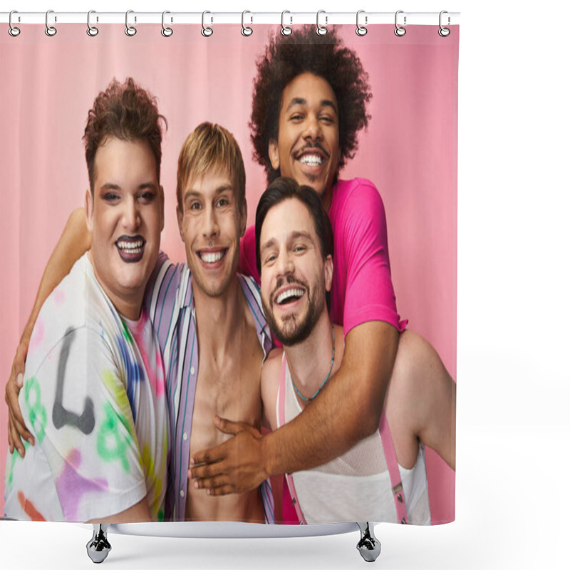 Personality  A Group Of Four Joyful Friends Embraces Each Other, Showcasing Their Vibrant Spirits And Pride. Shower Curtains