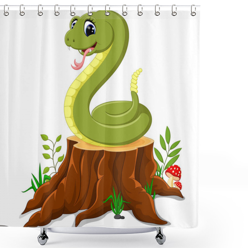 Personality  Cartoon Funny Snake On Tree Stump Shower Curtains