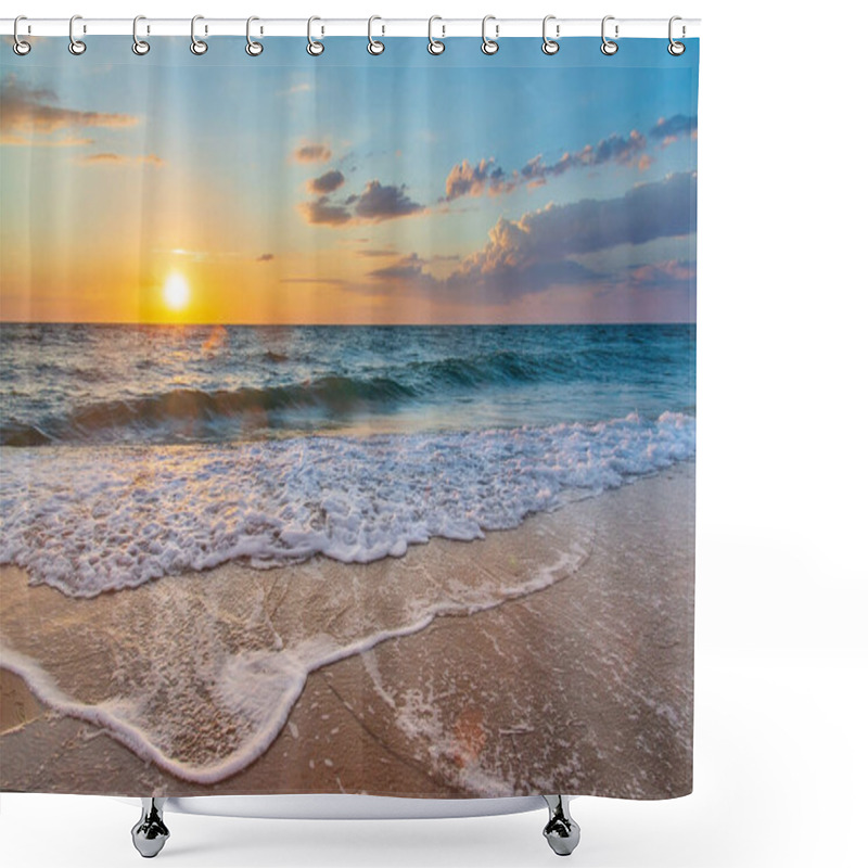 Personality  Sea Sunset With A Sun Disc In The Sky With Clouds And White Foam Waves On The Sand In The Foreground. Shower Curtains