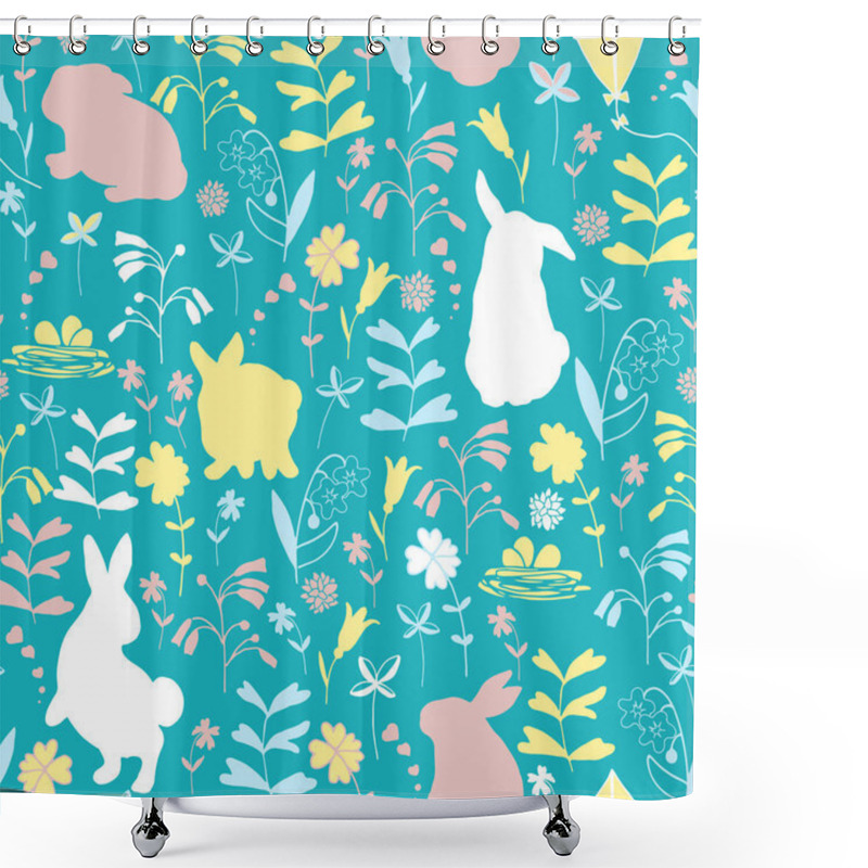 Personality  Easter Seamless Pattern. Flowers And Rabbits On A Blue Background. Shower Curtains