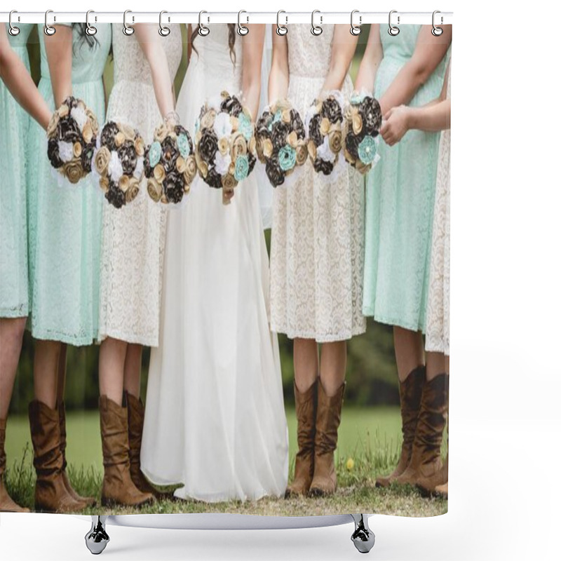 Personality  A Closeup Shot Of The Bride And The Bridesmaids Holding Flowers With A Blurred Background Shower Curtains