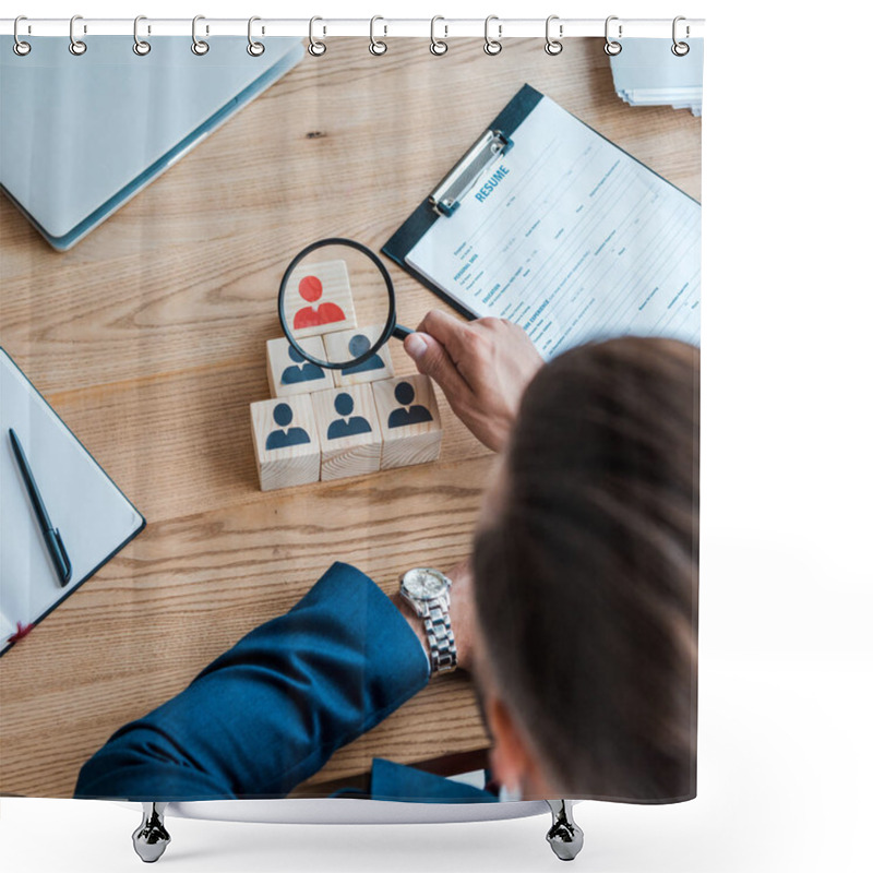 Personality  Top View Of Man Holding Magnifier Near Wooden Cubes  Shower Curtains