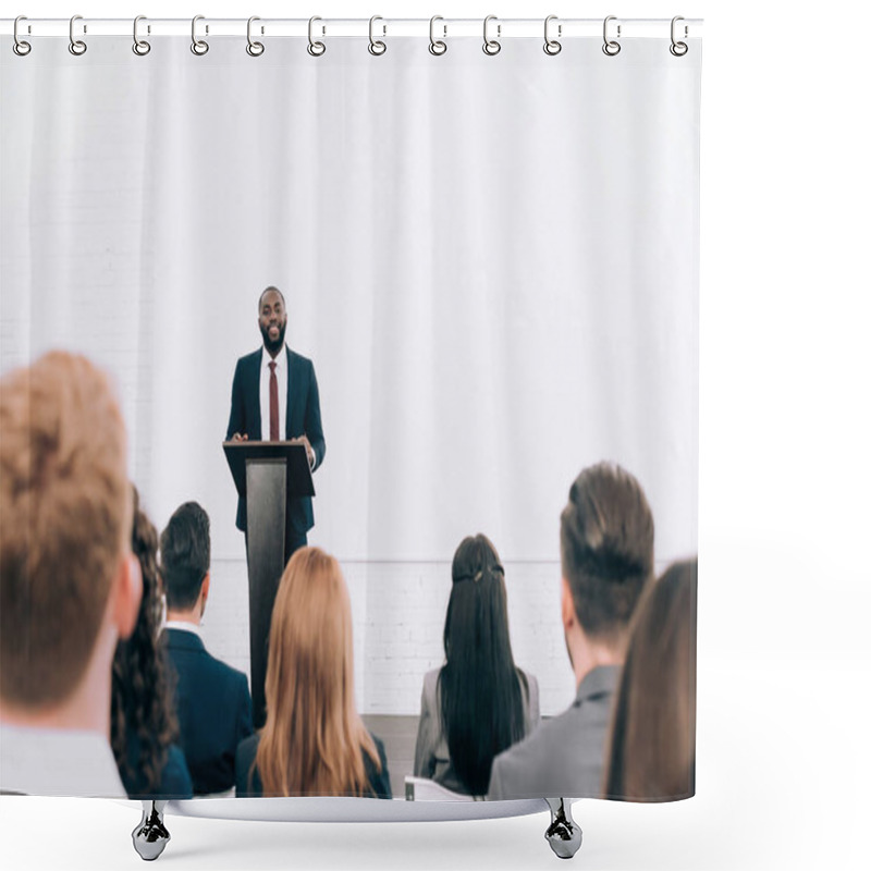 Personality  Smiling African American Lecturer Talking To Audience During Seminar In Conference Hall Shower Curtains