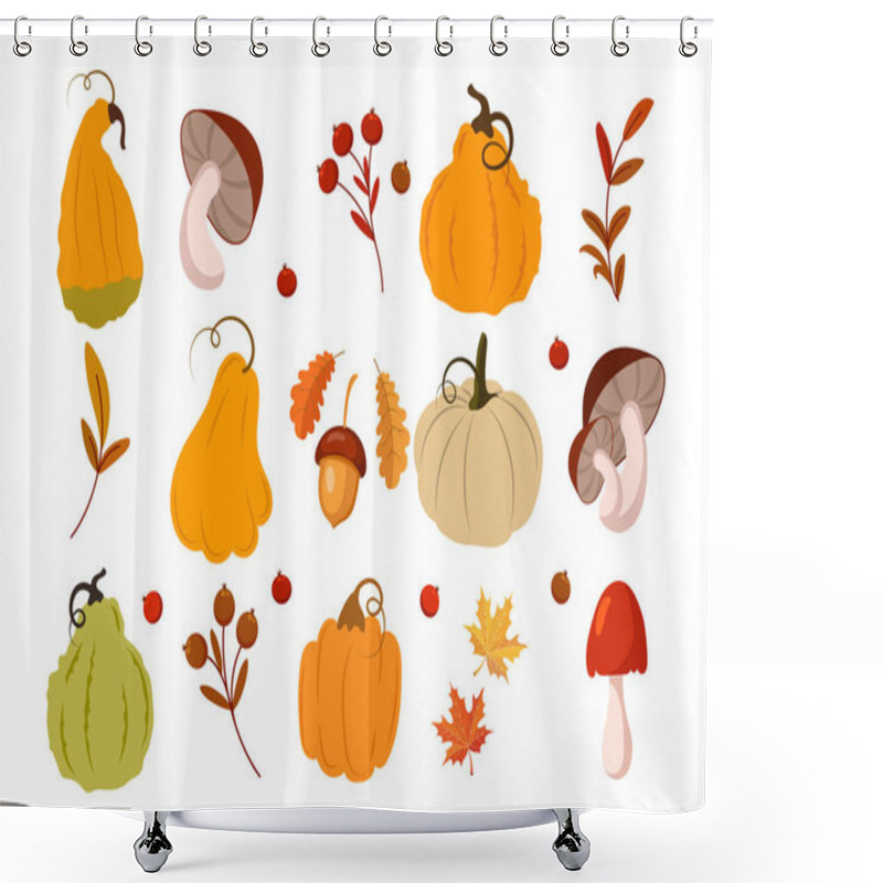 Personality  Autumn Set, Pumpkins, Mushrooms, Acorns, Rowan And Maple Leaves On A White Background. Autumn Print, Decor Elements, Vector Shower Curtains