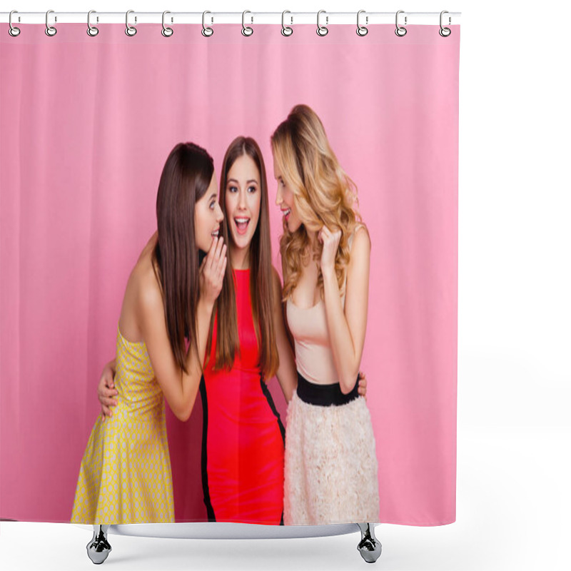 Personality  Charming Girl Holding Hand Near Mouth Telling Interesting Gossip Shower Curtains