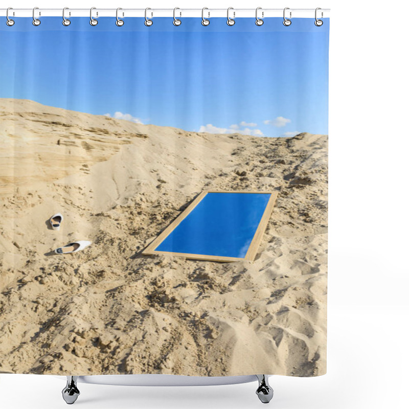 Personality  Sand Dune With Stylish Shoes And Mirror With Reflection Of Blue Sky Shower Curtains