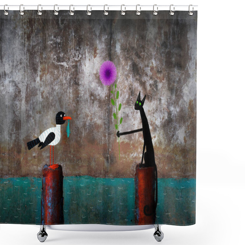 Personality  Black Cat Presenting Gull With Violet Flower Shower Curtains