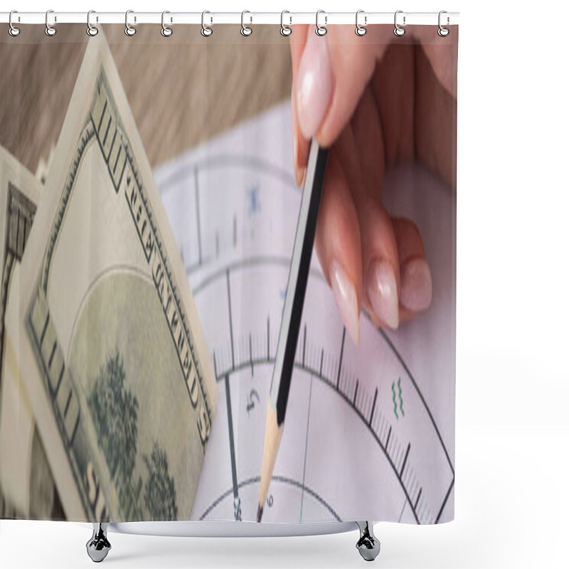 Personality  Cropped View Of Astrologer Drawing Natal Chart With Dollar Banknotes On Table, Panoramic Shot Shower Curtains