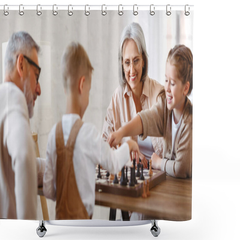 Personality  Joyful Children Brother And Sister Playing Chess While Sitting In Living Room With Senior Grandparents While Spending Time Together On Weekend, Kids Sitting At Table With Chessboard And Smiling Shower Curtains