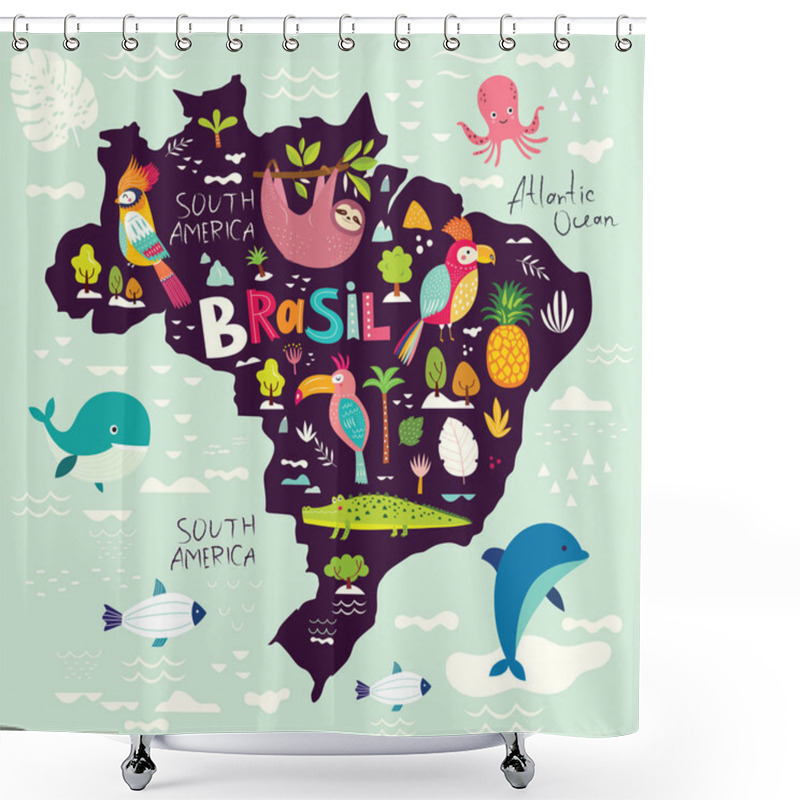 Personality  Map Of Brazil, Animals, Brazilian Symbols And Icons, Vector Illustration Shower Curtains