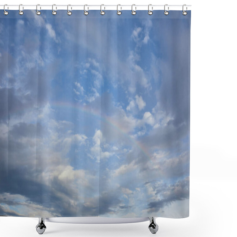 Personality  View Of Rainbow On Blue Sky Background And Blue Clouds Shower Curtains