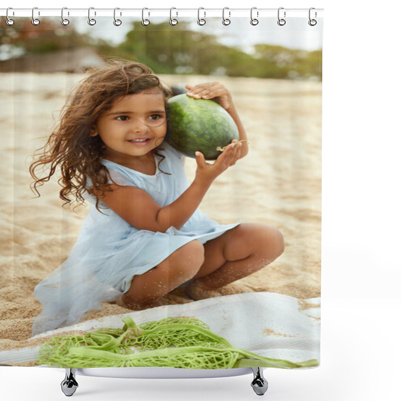 Personality  Kid On Beach Portrait. Cute Little Girl With Curly Hair Holding Watermelon. Happy Child Going To Eat On Sandy Coast. Organic Fruit And Natural Vitamins For Healthy Nutrition On Picnic. Shower Curtains