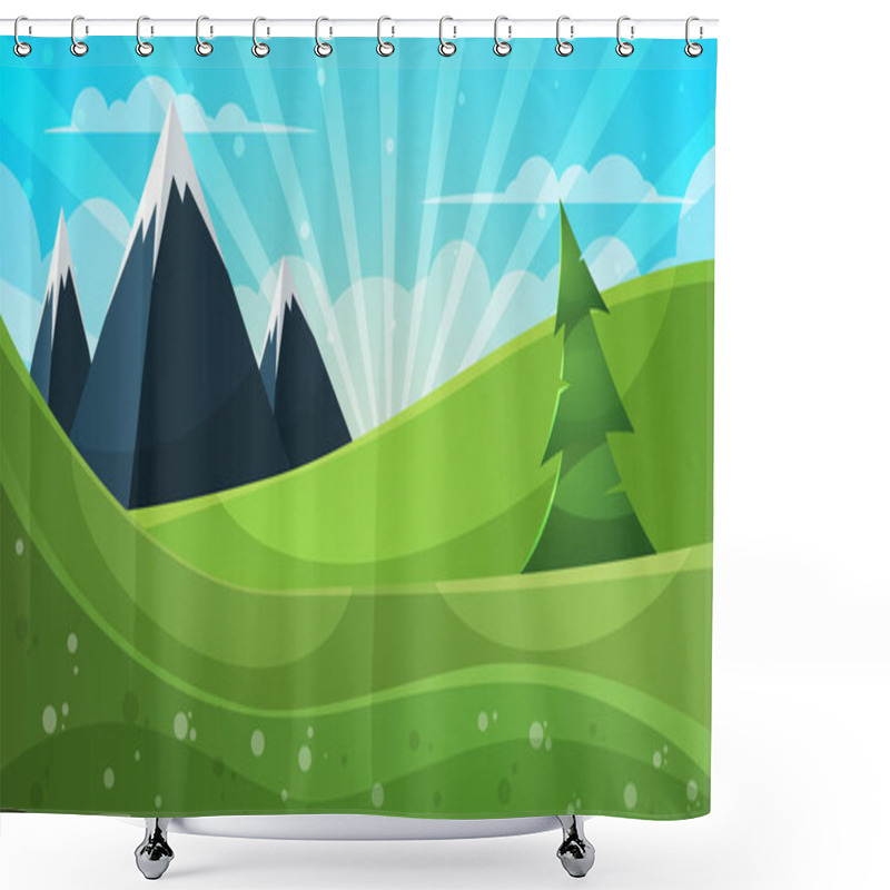 Personality  Cartoon Illustration. Mountain, Fir, Cloud, Sun. Shower Curtains