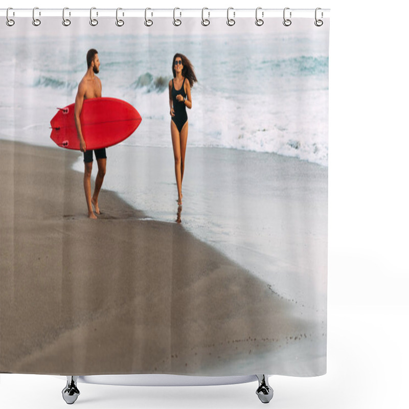 Personality  Couple In Love On The Beach With A Surfboard At Sunset. Beautiful Couple On The Island Of Bali. The Concept Of A Healthy Lifestyle. Couple Of Surfers Walking On Coast In Indonesia. Vacation At Sea Shower Curtains