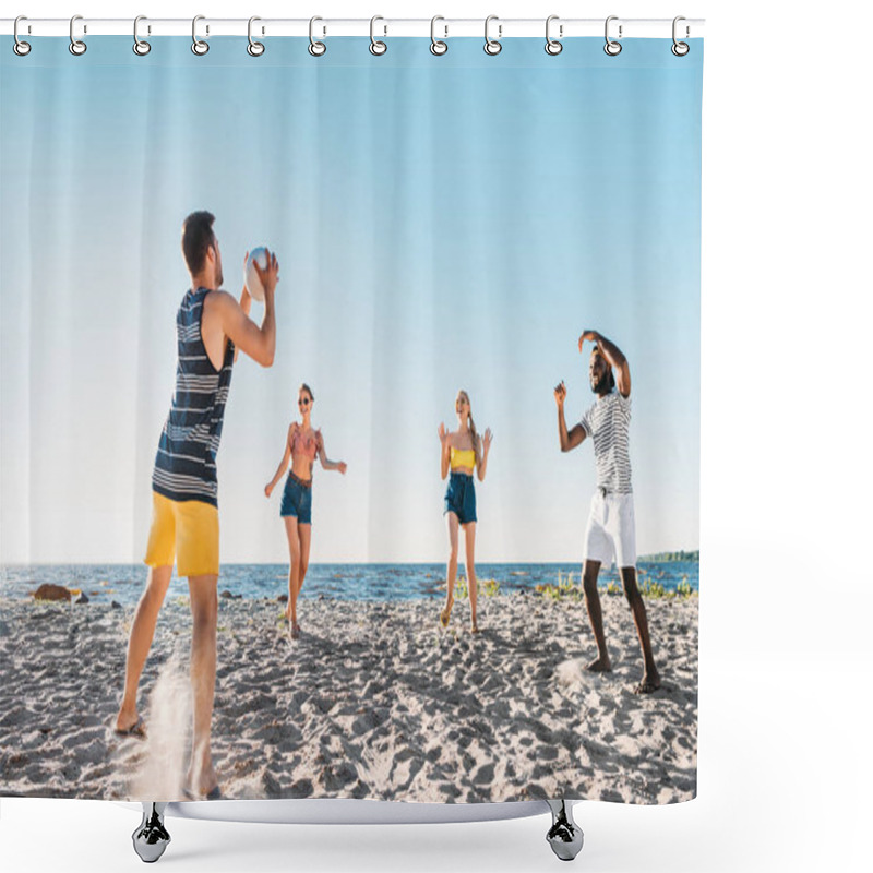 Personality  Happy Young Multiethnic Friends Playing Beach Volleyball  Shower Curtains