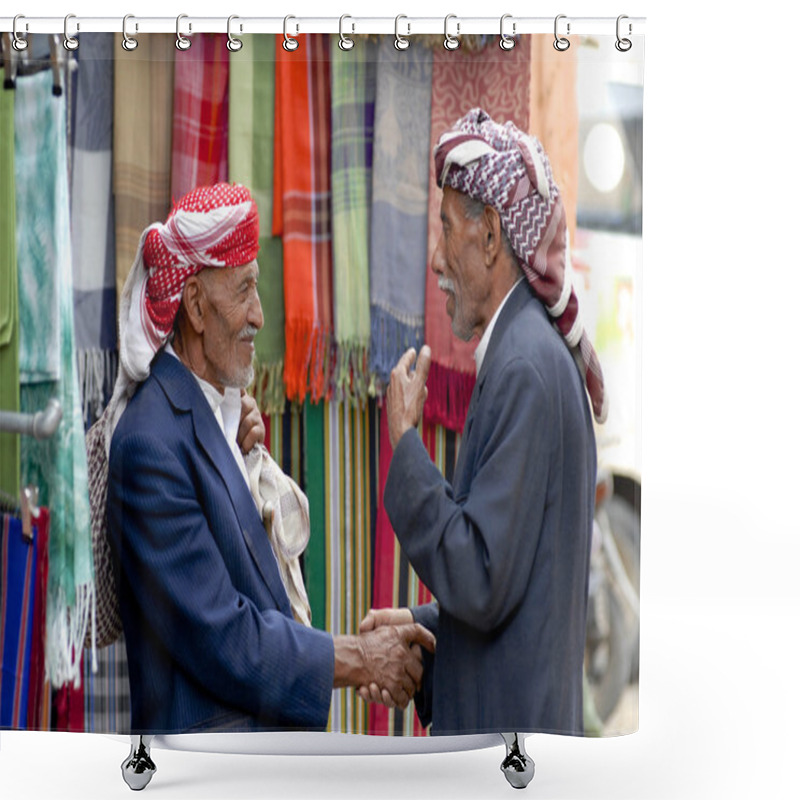 Personality  Two Men Shake Hands At The Market In Sana'a, Yemen. Shower Curtains