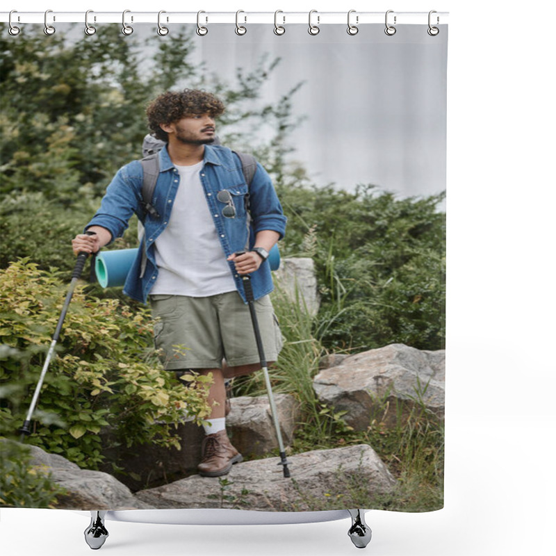 Personality  Curly Indian Tourist Walking With Backpack And Holding Hiking Sticks During Trekking, Wild Nature Shower Curtains