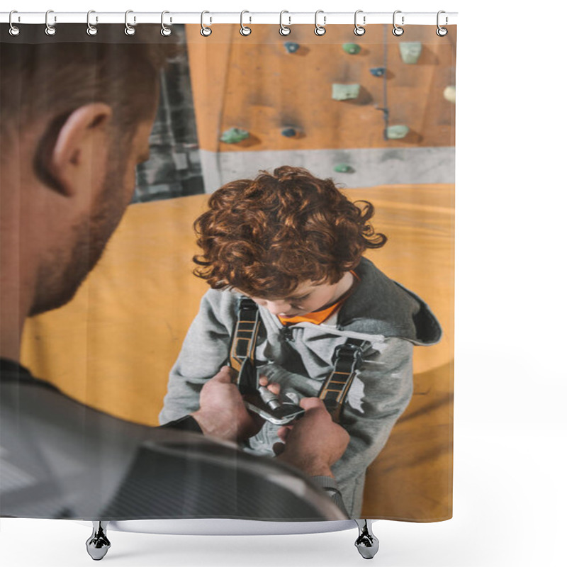 Personality  Dad Securing Son In Harness Shower Curtains