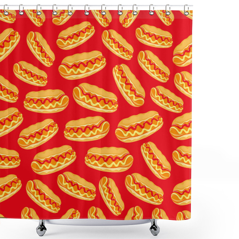 Personality  A Big Hot Dog That Quickly Overcomes Hunger, Vector Seamless Pattern Illustration On Colored Background Shower Curtains